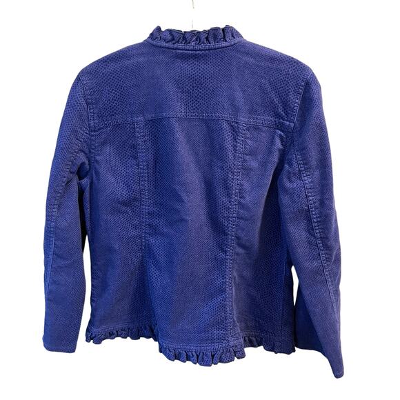 Chicos, 0, Royal Blue textured, V-neck Button Ruffled Jacket - Picture 6 of 11